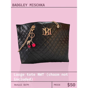 Badgley Mischka Large Quilted Black Tote Bag with Chain Strap